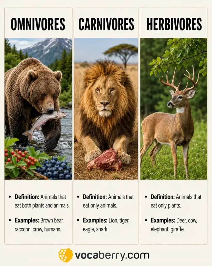 herbivores-omnivores-carnivores-what-is-the-difference-types-of-animals-eating-habits-learn-english-vocabulary-lesson-esl-vocaberry